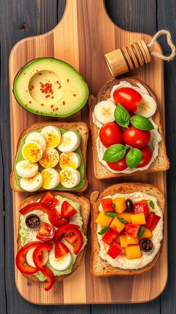 Four creative toast recipes: avocado toast, peanut butter banana toast, tomato basil toast, and hummus veggie toast on a wooden board.